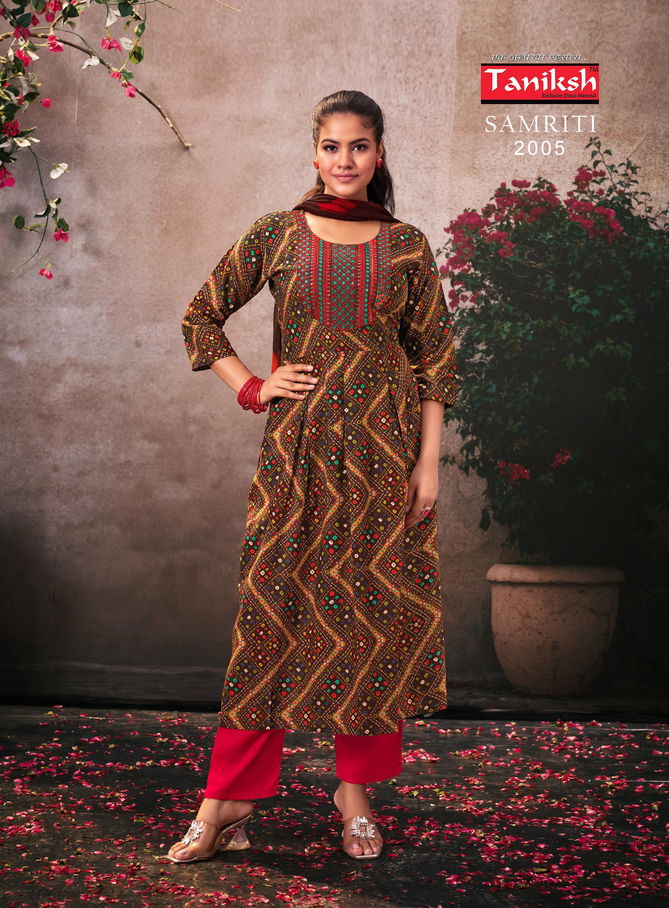 Samriti Vol 2 By Taniksh Rayon Printed Kurti With Bottom Dupatta Wholesale Price In Surat
